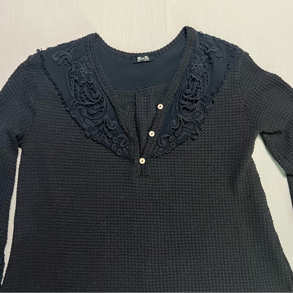 Miss Me Open Weave Waffle Knit Henley Top Crochet Details Summer Sweater Layer - Picture 4 of 12